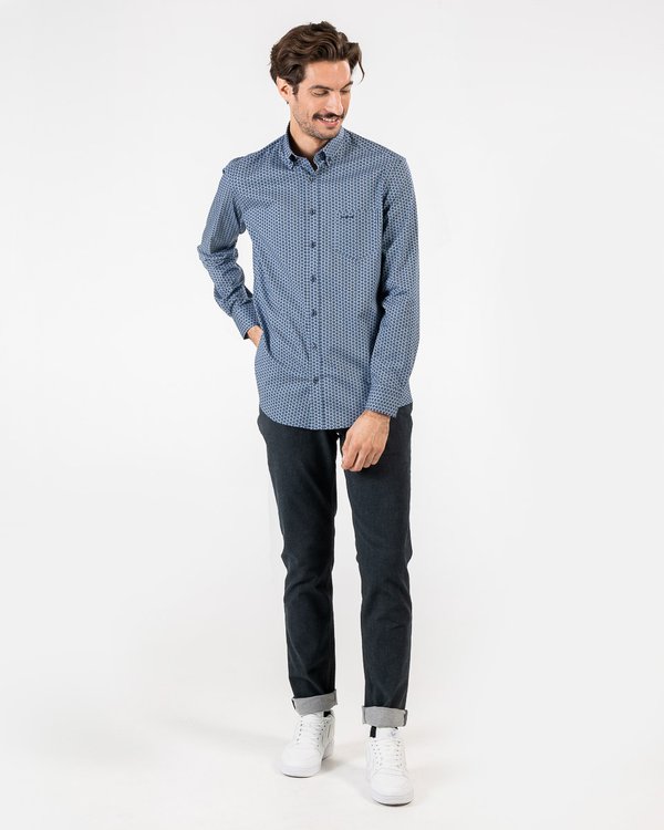 Chemise à manches longues micro motifs regular fit en coton bleu
