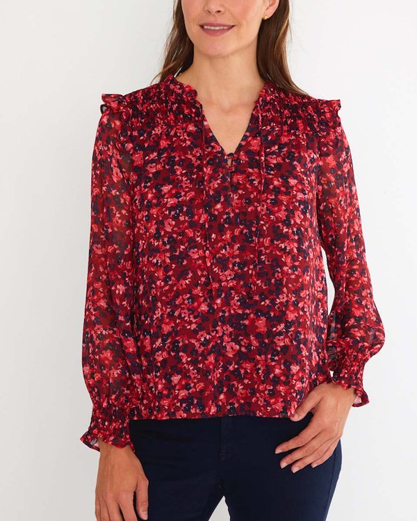 Blouse imprimée à fleurs manches ballons épaules smockées rouge Blouse imprimée à fleurs manches ballons épaules smockées rouge