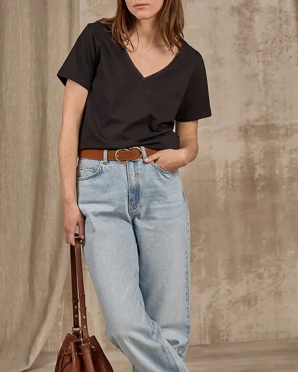 T-shirt col V lurex noir