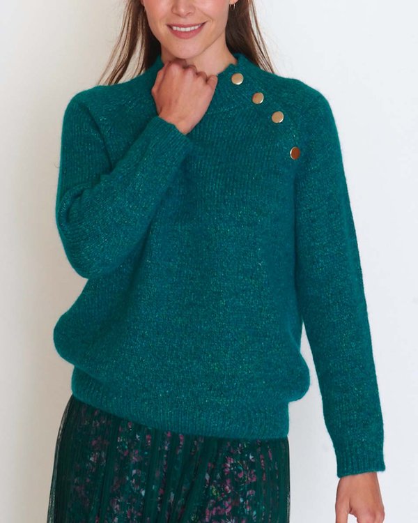 Pull à col montant boutonné uni maille moulinée vert Pull à col montant boutonné uni maille moulinée vert