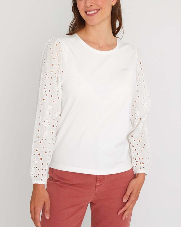 T-shirt uni manches manches longues broderie anglaise blanc T-shirt uni manches manches longues broderie anglaise blanc