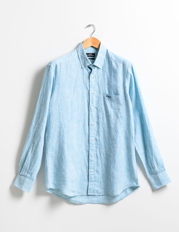 Chemise manches longues en lin unie regular fit bleu Chemise manches longues en lin unie regular fit bleu
