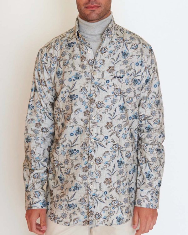 Chemise flanelle à manches longues motif exclusif en coton beige Chemise flanelle à manches longues motif exclusif en coton beige