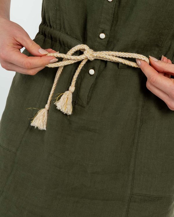 Robe sans manches en lin ceinture corde vert