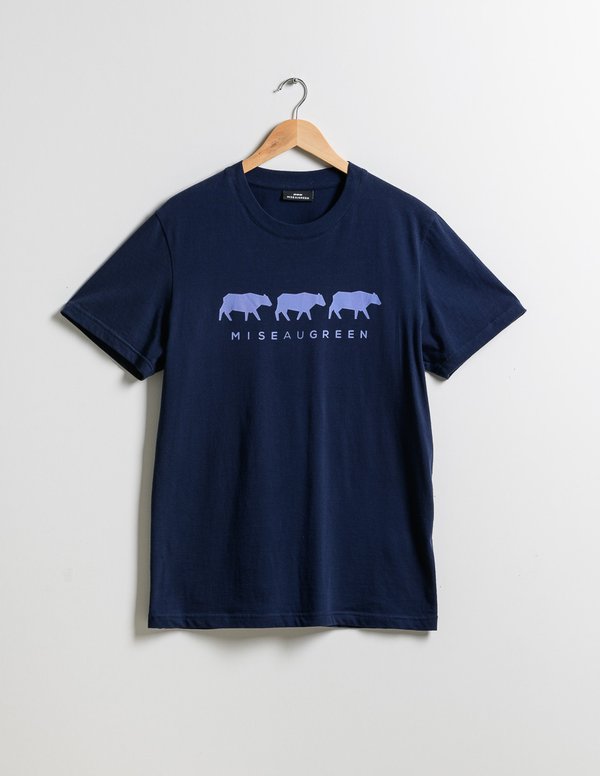 T-shirt manches courtes sérigraphie 3 vaches en coton bleu