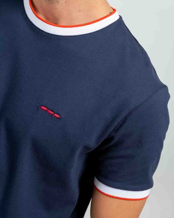 T-shirt uni col et manches contraste en coton bleu