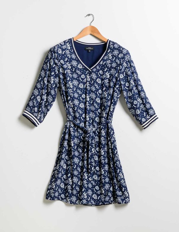 Robe unie col V ceinture tricolore en viscose bleu