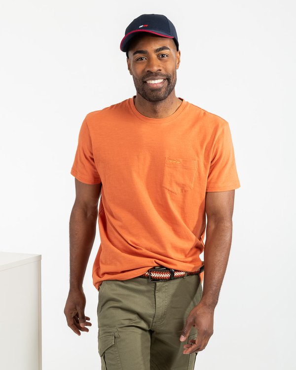 T-shirt uni manches courtes poche poitrine en coton marron