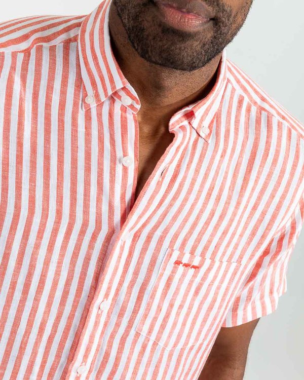 Chemise en lin manches courtes rayures verticales orange Chemise en lin manches courtes rayures verticales orange