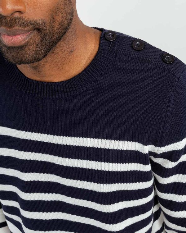 Pull rayé col rond en coton issu de l'agriculture biologique bleu