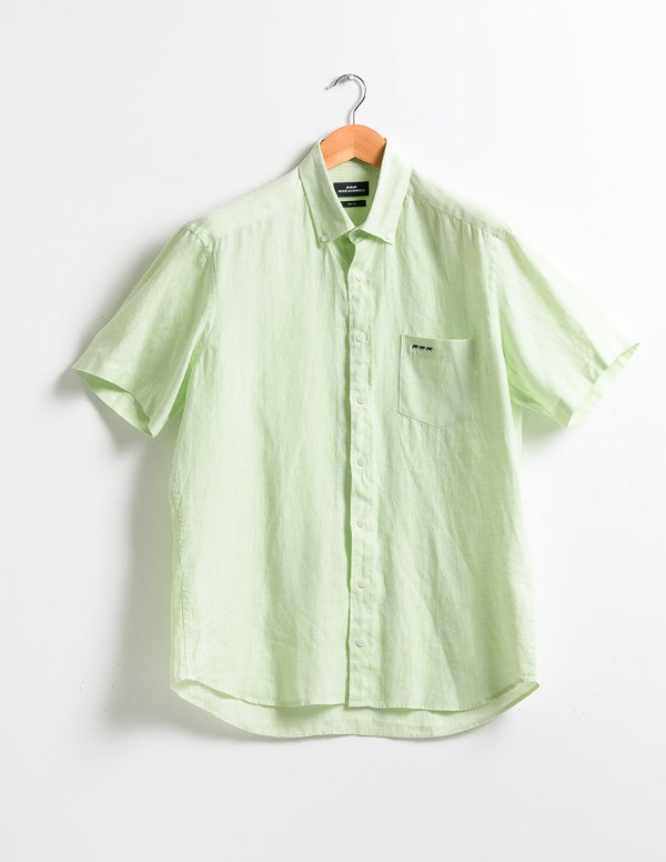 Chemise en lin regular fit unie à manches courtes vert Chemise en lin regular fit unie à manches courtes vert