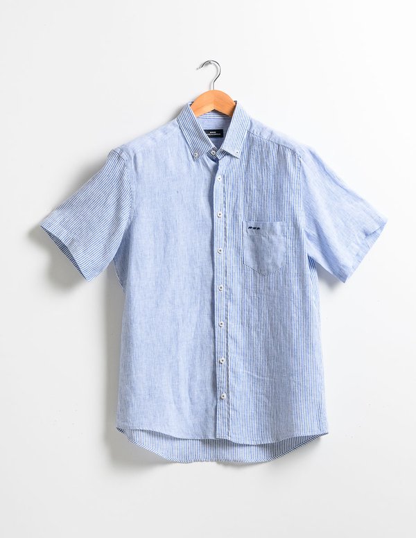Chemise en lin rayures verticales manches courtes bleu Chemise en lin rayures verticales manches courtes bleu
