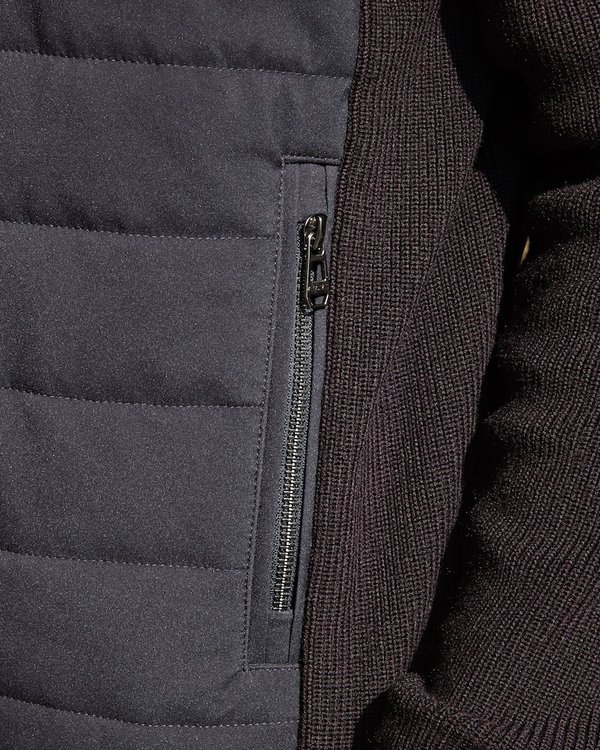Cardigan matelassé bi-matière col montant poches zippées bleu Cardigan matelassé bi-matière col montant poches zippées bleu