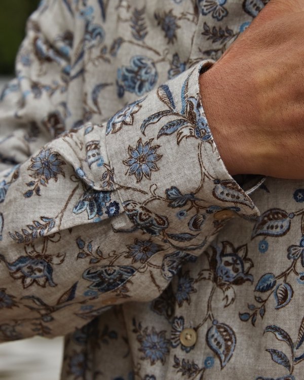 Chemise flanelle à manches longues motif exclusif en coton beige