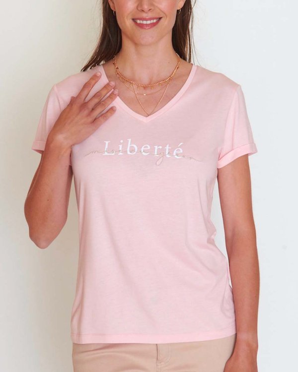T-shirt à message broderie à manches courtes col V rose T-shirt à message broderie à manches courtes col V rose