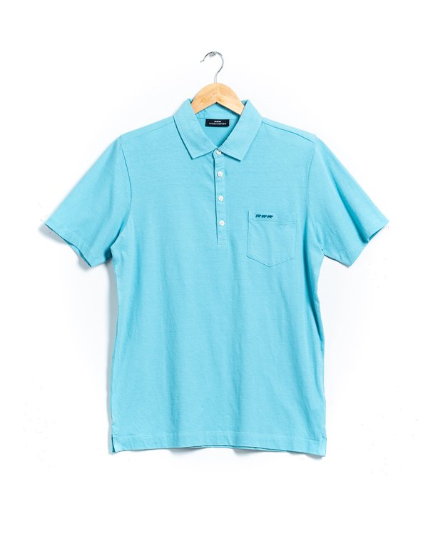 Polo uni manches courtes en coton et lin bleu