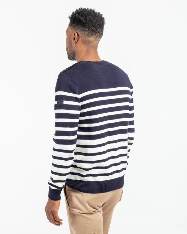 Pull rayé col rond en coton issu de l'agriculture biologique bleu