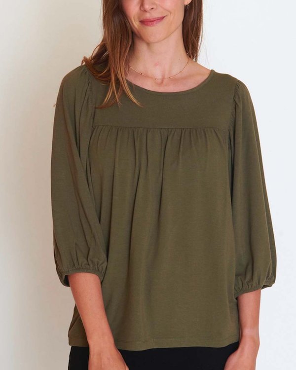 T-shirt manches 3/4 ballons uni col rond viscose et laine vert T-shirt manches 3/4 ballons uni col rond viscose et laine vert
