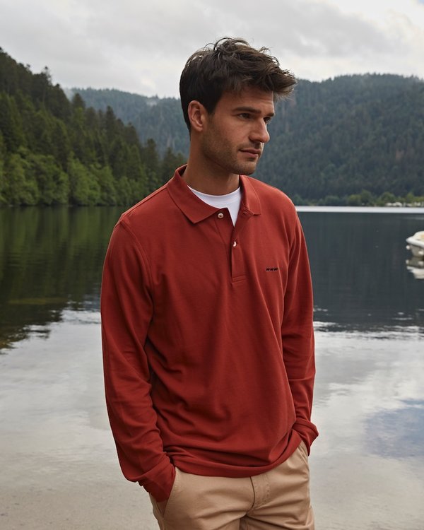 Polo regular fit Robin uni à manches longues marron