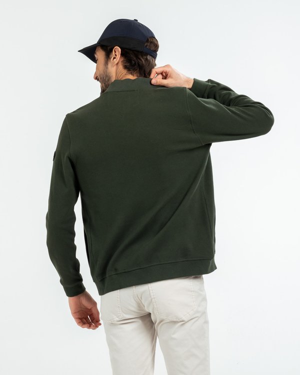 Sweat uni col teddy zip tricolore en coton vert