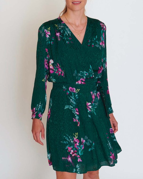 Robe portefeuille imprimé fleuri volantée en jacquard viscose vert Robe portefeuille imprimé fleuri volantée en jacquard viscose vert