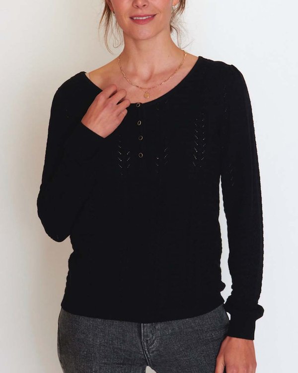 Pull maille fantaisie col rond coton issu de l'agriculture biologique noir Pull maille fantaisie col rond coton issu de l'agriculture biologique noir