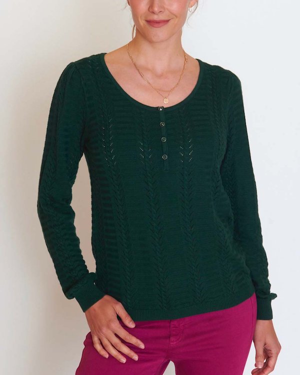 Pull maille fantaisie col rond coton issu de l'agriculture biologique vert Pull maille fantaisie col rond coton issu de l'agriculture biologique vert