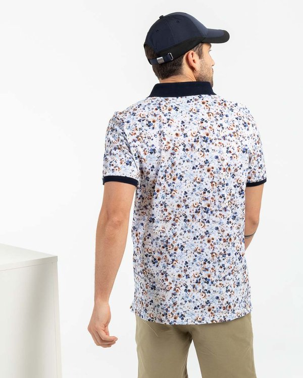 Polo piqué regular fit à manches courtes fleuri en coton blanc