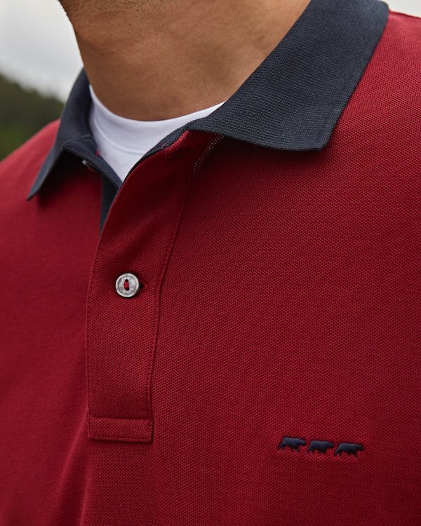 Polo bicolore à manches longues regular fit en coton rouge
