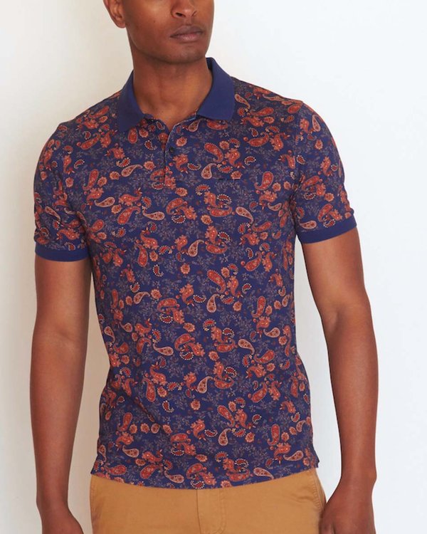 Polo modern fit à motif cachemire en coton bleu Polo modern fit à motif cachemire en coton bleu