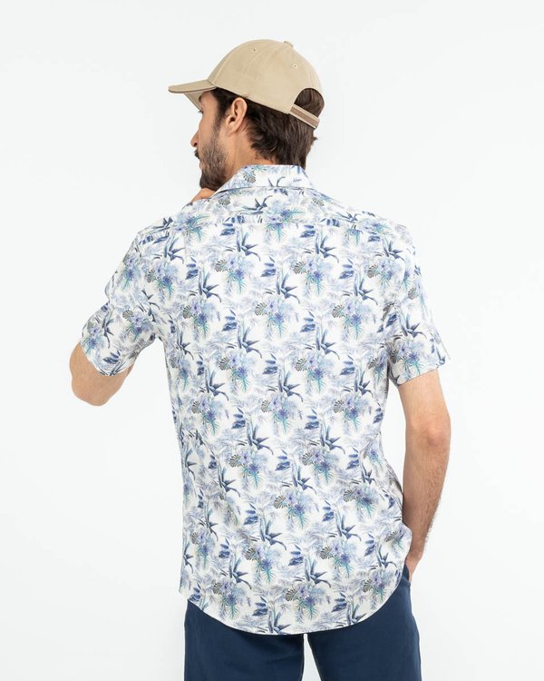 Chemise fantaisie manches courtes en lin et coton blanc