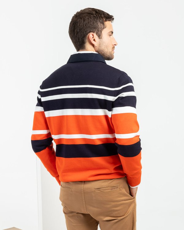 Pull rayé col polo coton issu de l'agriculture biologique bleu