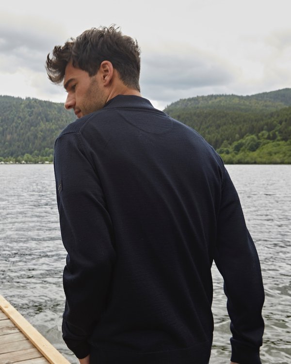 Cardigan manches longues maille vanisée 50% Mérinos bleu