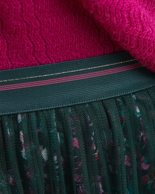 Jupe plissée en viscose imprimé floral et tulle vert Jupe plissée en viscose imprimé floral et tulle vert