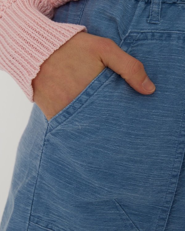 Short paperbag taille haute froncée en coton bleu