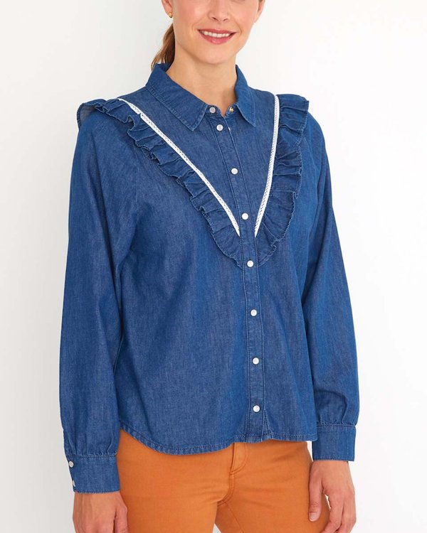 Chemisier col V volantée en denim à manches longues bleu Chemisier col V volantée en denim à manches longues bleu