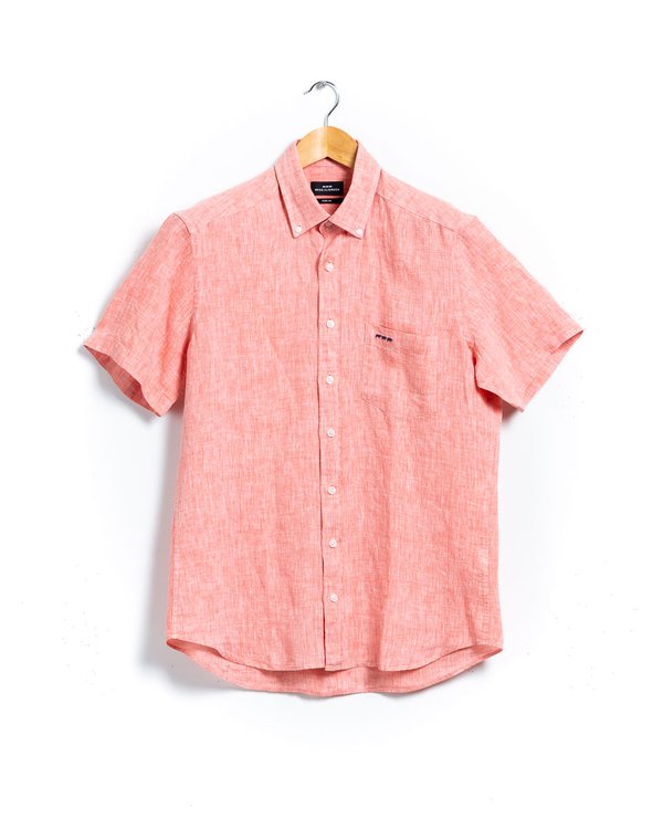 Chemise en lin regular fit unie à manches courtes orange Chemise en lin regular fit unie à manches courtes orange
