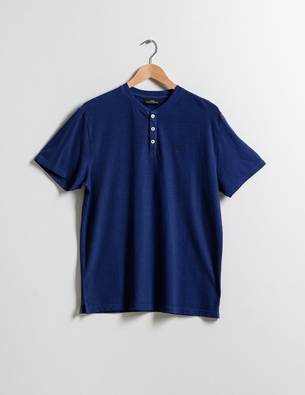 T-shirt uni col tunisien manches courtes coton et lin bleu