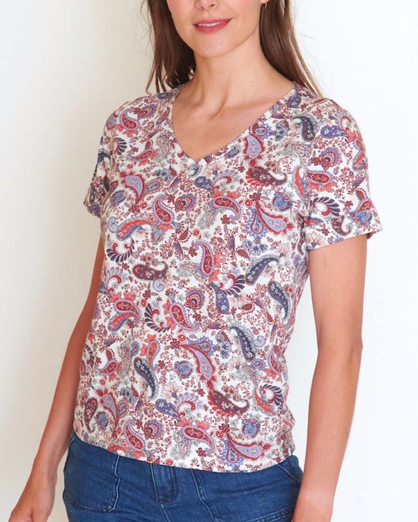 T-shirt col V à manches courtes imprimé cachemire blanc T-shirt col V à manches courtes imprimé cachemire blanc