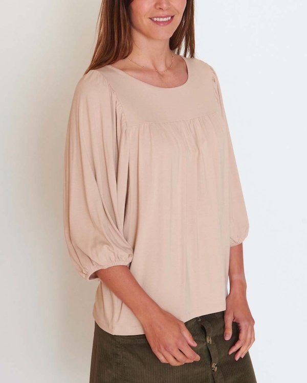 T-shirt manches 3/4 ballons uni col rond viscose et laine beige T-shirt manches 3/4 ballons uni col rond viscose et laine beige