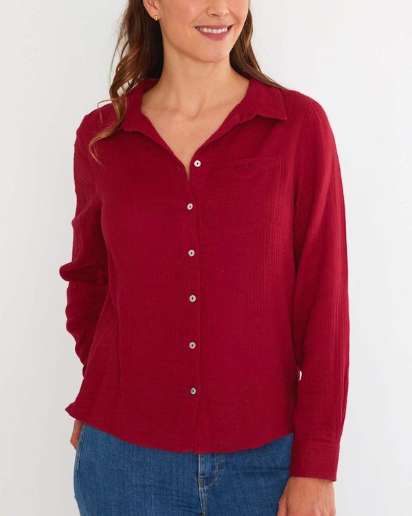 Chemisier Eva en gaze de coton poche poitrine rouge Chemisier Eva en gaze de coton poche poitrine rouge