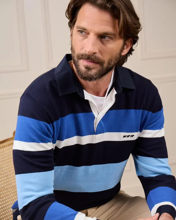Pull rugby rayé bleu