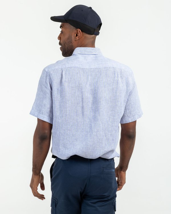 Chemise en lin rayures verticales manches courtes bleu Chemise en lin rayures verticales manches courtes bleu