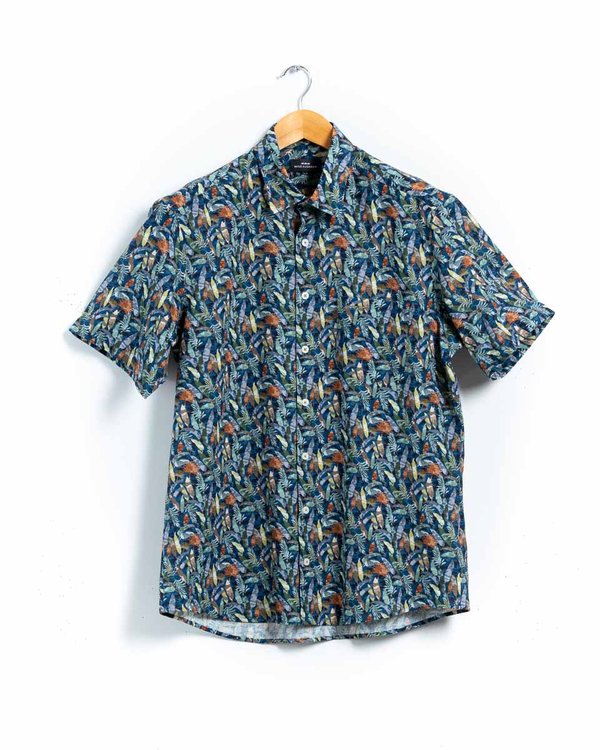 Chemise manches courtes fantaisie en lin et coton bleu Chemise manches courtes fantaisie en lin et coton bleu