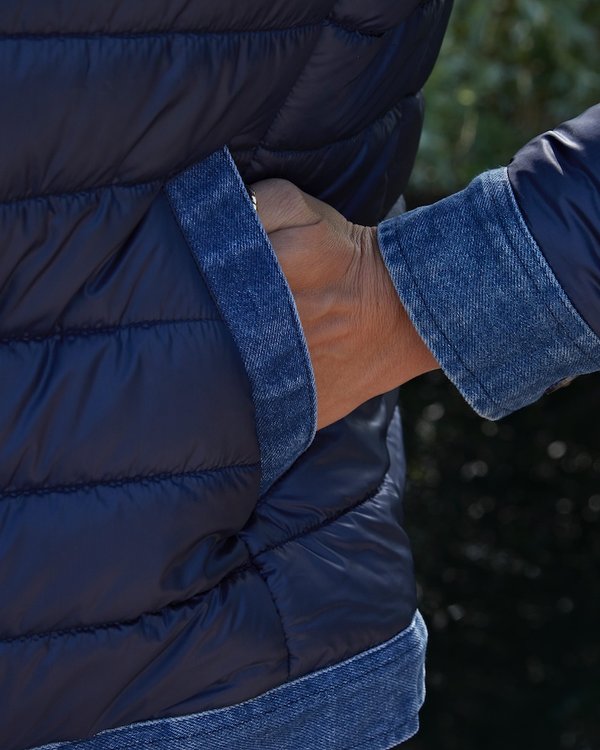 Doudoune manches longues bi-matière polyester recyclé bleu