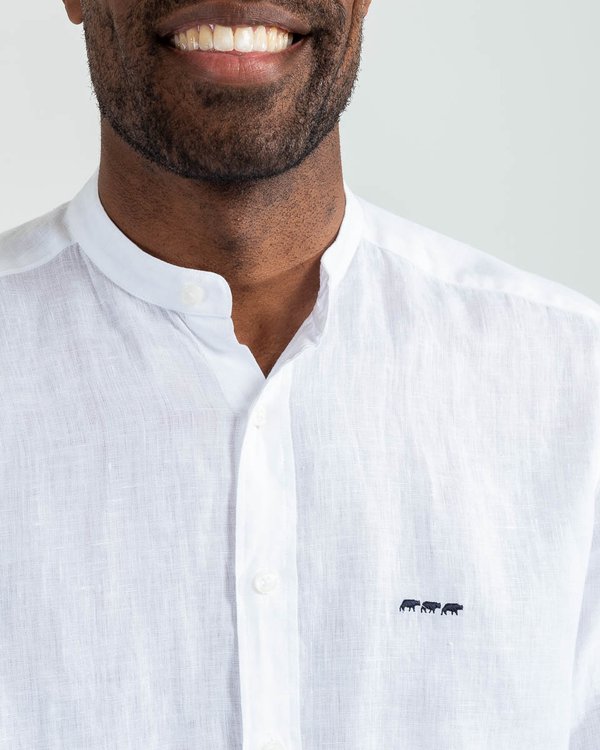 Chemise col mao unie à manches longues en lin blanc
