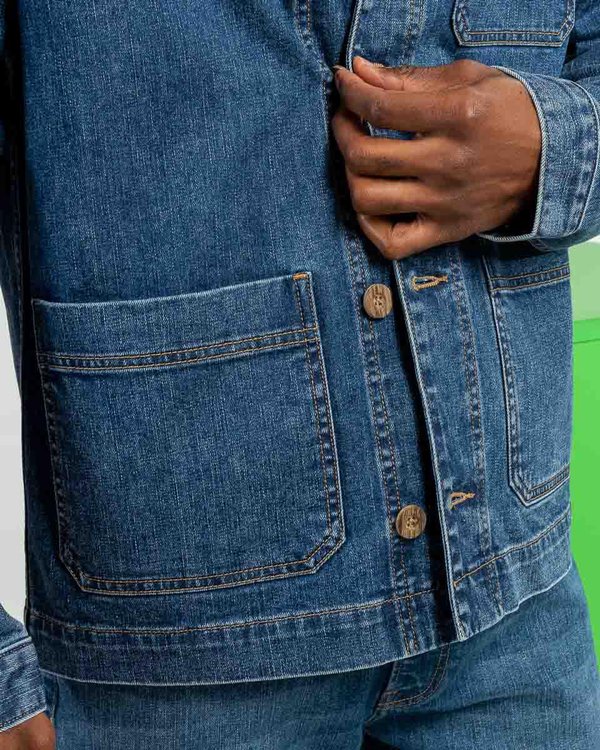 Veste peintre jean broderie 3 vaches en coton bleu Veste peintre jean broderie 3 vaches en coton bleu