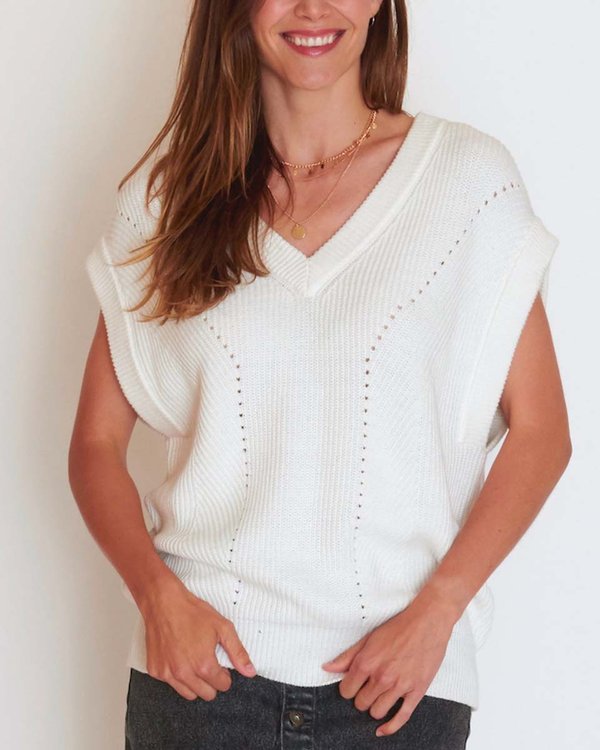 Pull col V uni sans manches coton et cachemire blanc Pull col V uni sans manches coton et cachemire blanc