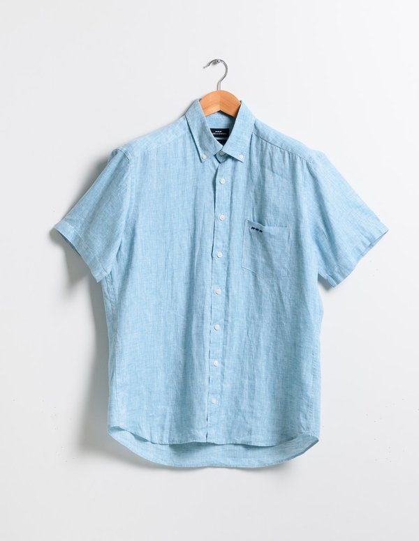 Chemise en lin regular fit unie à manches courtes bleu Chemise en lin regular fit unie à manches courtes bleu