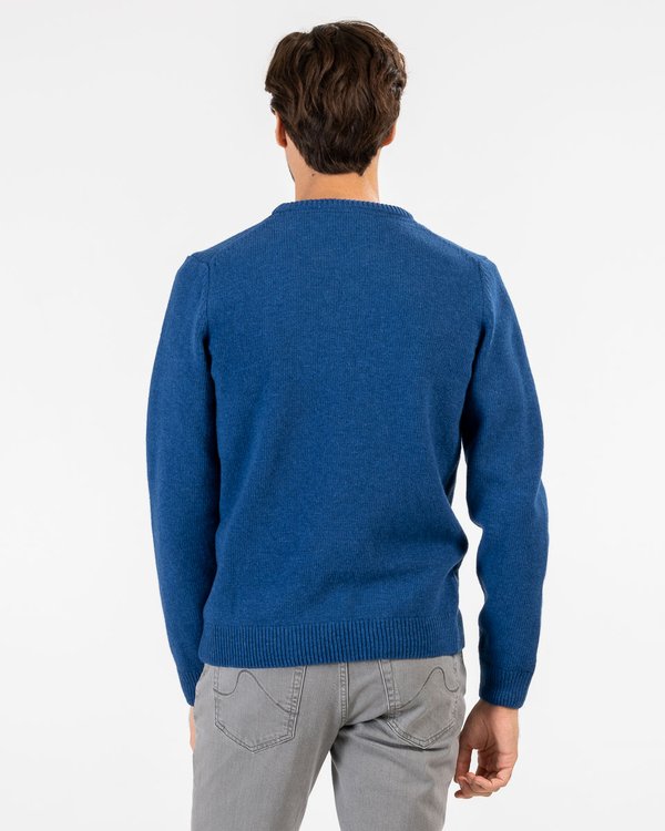 Pull à col rond tricoté manches longues en laine mérinos bleu Pull à col rond tricoté manches longues en laine mérinos bleu